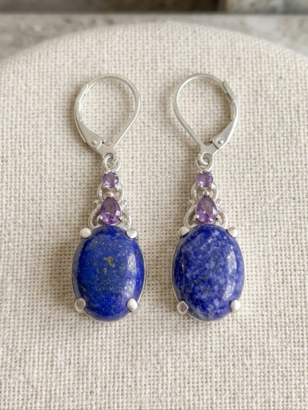 Lapis Lazuli CZ Amethyst Stainless Steel Drop Dangle Leverback Earrings
